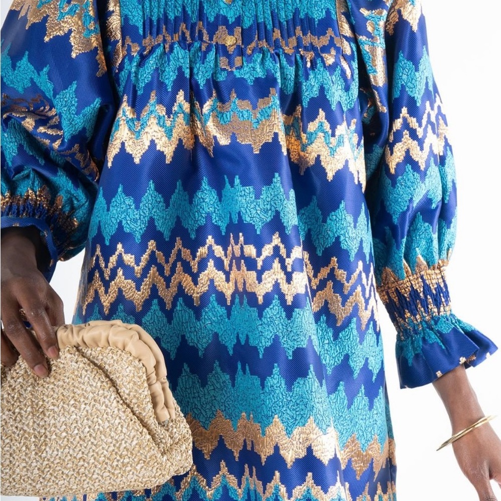 NWT Emily McCarthy Blue Charlotte Ripple Dress Size Large Holiday Party Luxury L